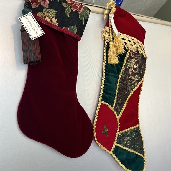 2 Victorian holiday stockings tassels extra large in size mixed media material - Picture 3 of 17